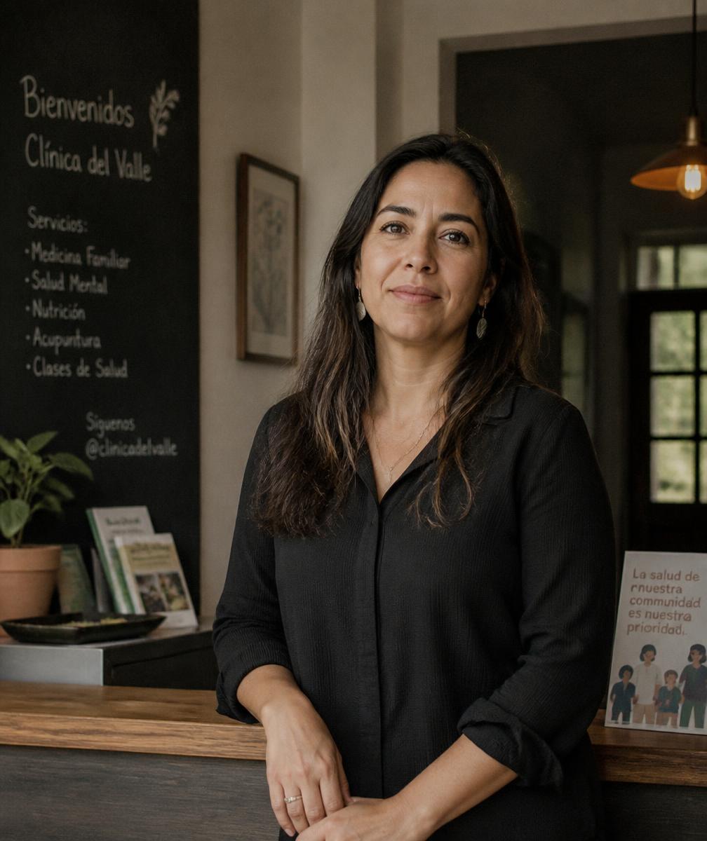 Profesional de salud latina en la recepción de una clínica comunitaria
