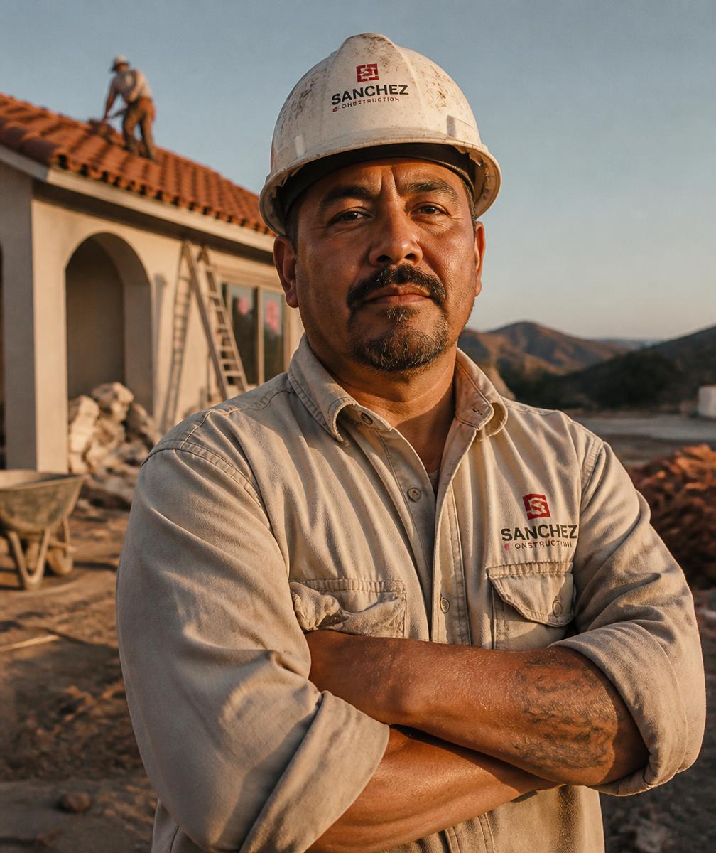 Contratista de construcción hispano con casco en una obra residencial en Estados Unidos