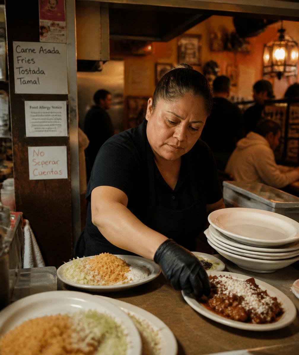 Cocinera emplatando comida en la barra de un restaurante mexicano-americano lleno de clientes