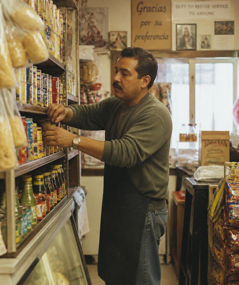 Dueño de una tienda de barrio acomodando productos en los estantes de su local