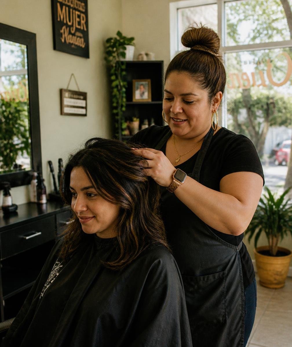 Dueña de un salón de belleza atendiendo a una clienta en su local